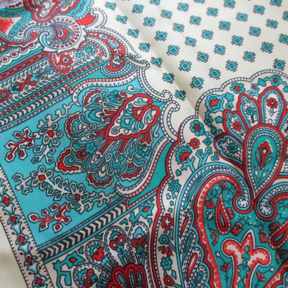 Teal, light yellow & red paisley scarf - Picture 4 of 7